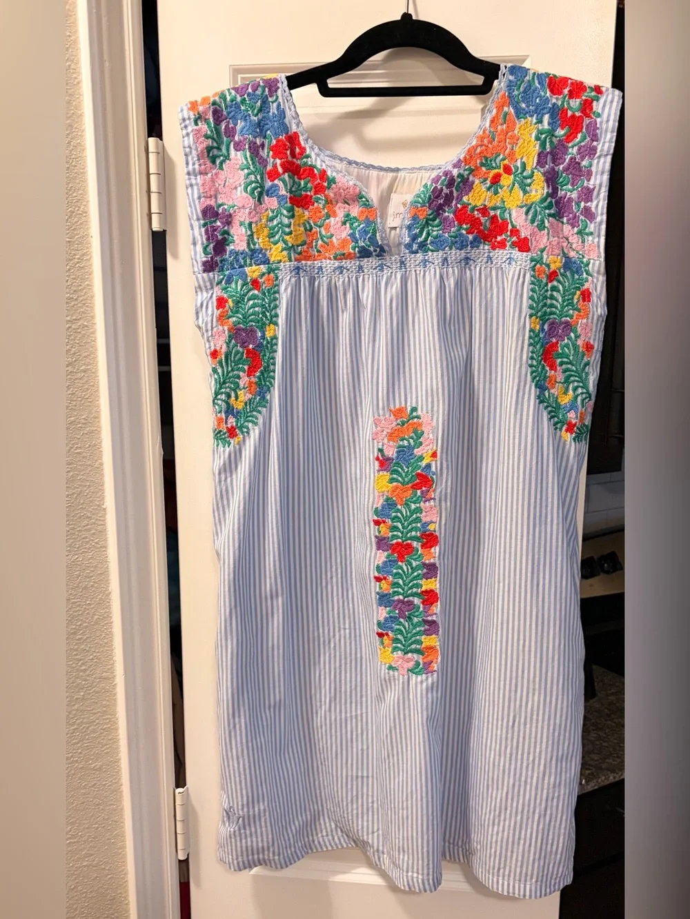 J. Marie Light Blue Striped Dress with Multicolor Floral Embroidery - Picture 4 of 8